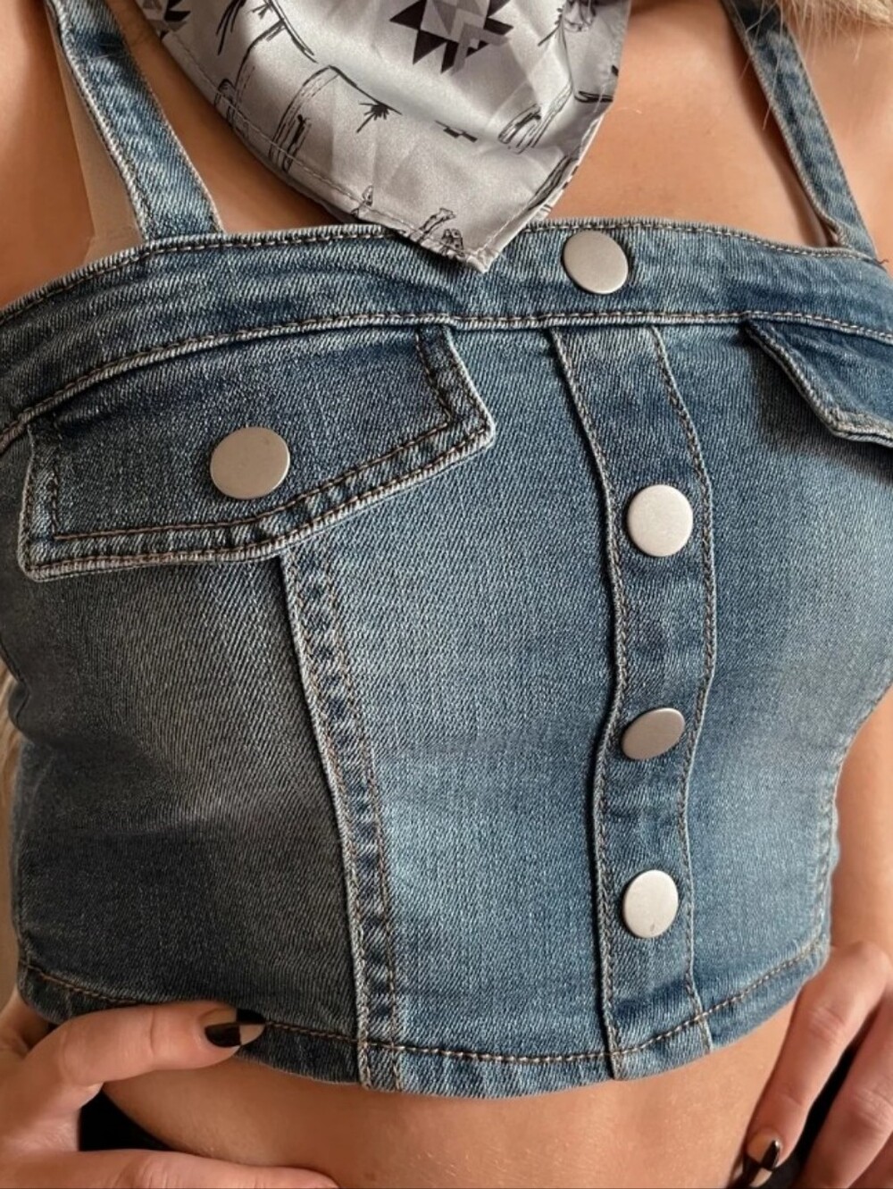 Dylan Ryan Denim Button-Front Crop Top - Blue